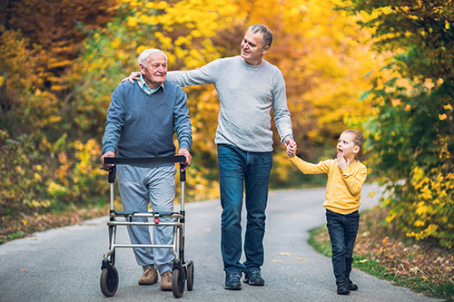 Elderly father adult son and grandson out for a walk in the park.